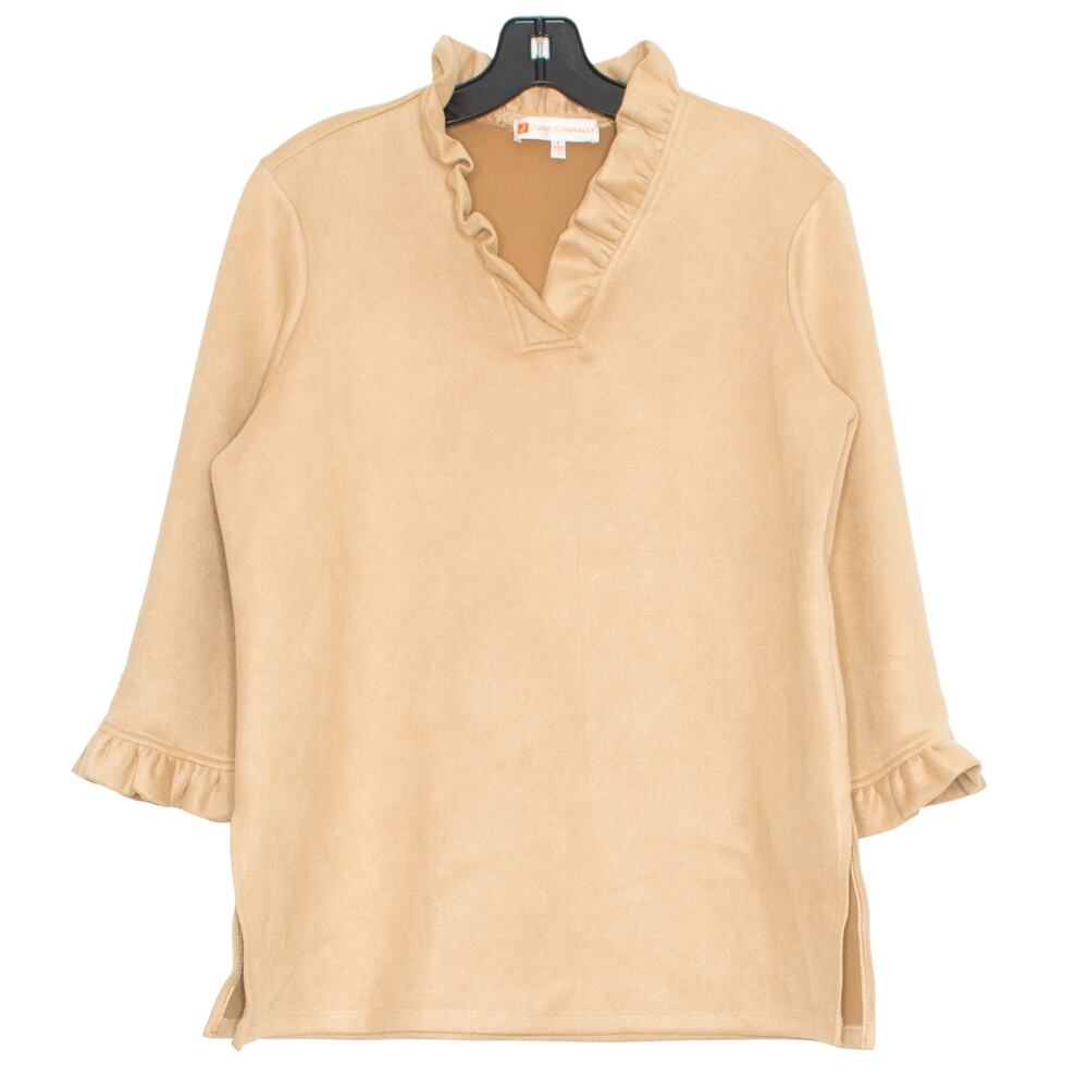 Jude Connally Faux Suede Tunic Top Small 3/4 Sleeve Ruffle Camel Business Casual